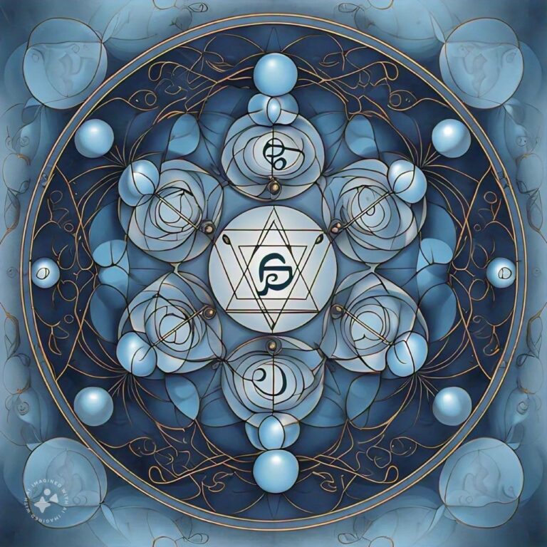 Mandala en tonos azules que representa los elementos sutiles del viento (Vayu) y el espacio (Akash), con formas circulares, símbolos energéticos y patrones geométricos que evocan movimiento, conexión y vacío funcional según el Ayurveda.